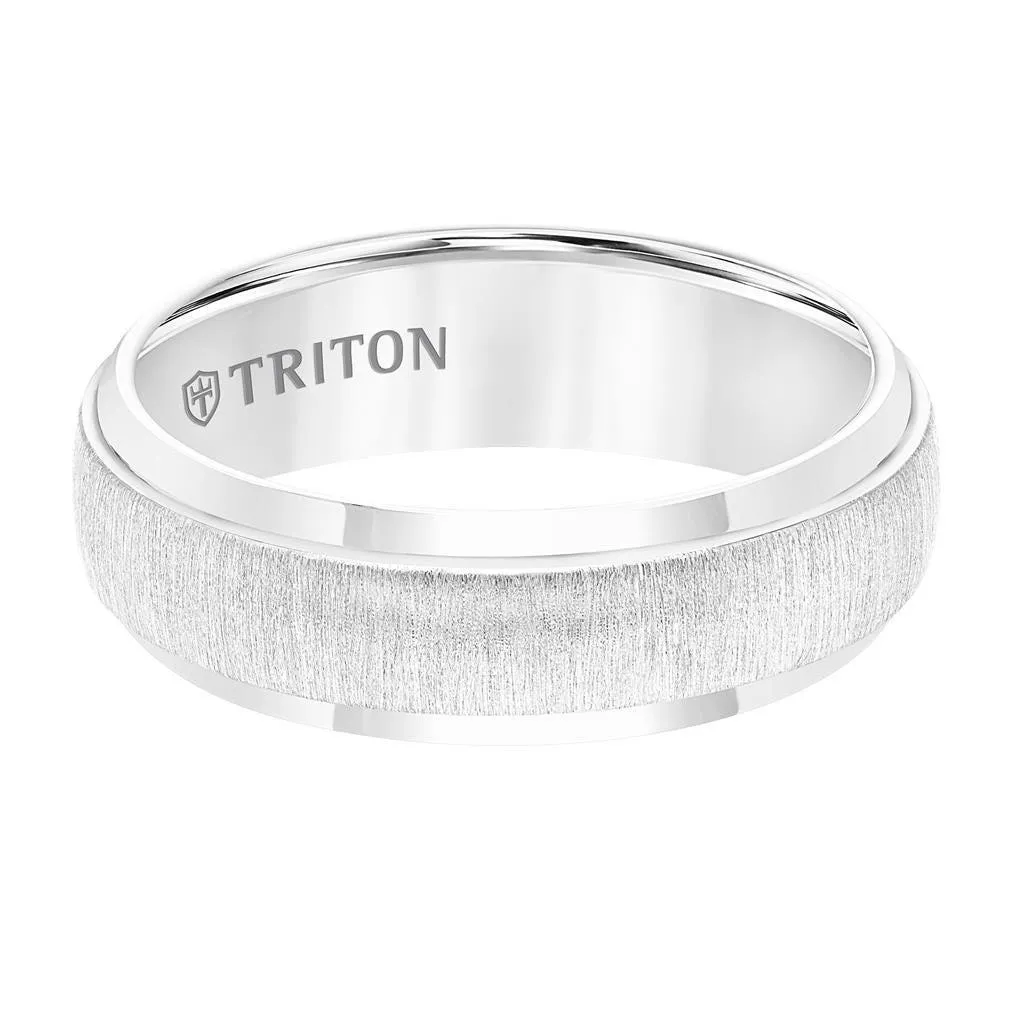 GION White Tungsten Low-Domed Vertical Brushed Raised Center Wedding Ring With Polished Edges By Triton Rings - 7mm