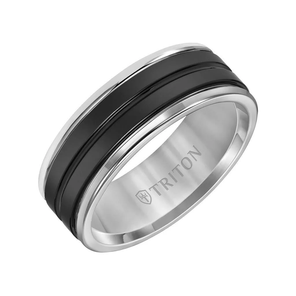 GODDARD Polished Finish Tungsten Carbide Comfort Fit Ring with Polished Grooved Black Ceramic Center by Triton Rings - 8 mm