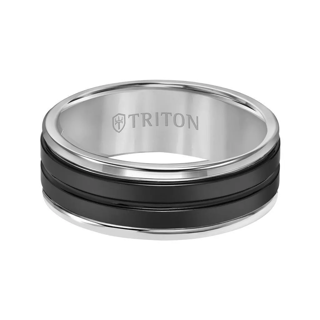 GODDARD Polished Finish Tungsten Carbide Comfort Fit Ring with Polished Grooved Black Ceramic Center by Triton Rings - 8 mm