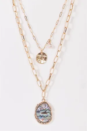 Gold Chain Abalone Asymmetrical Circle Tiny Pearl Pendants Necklace