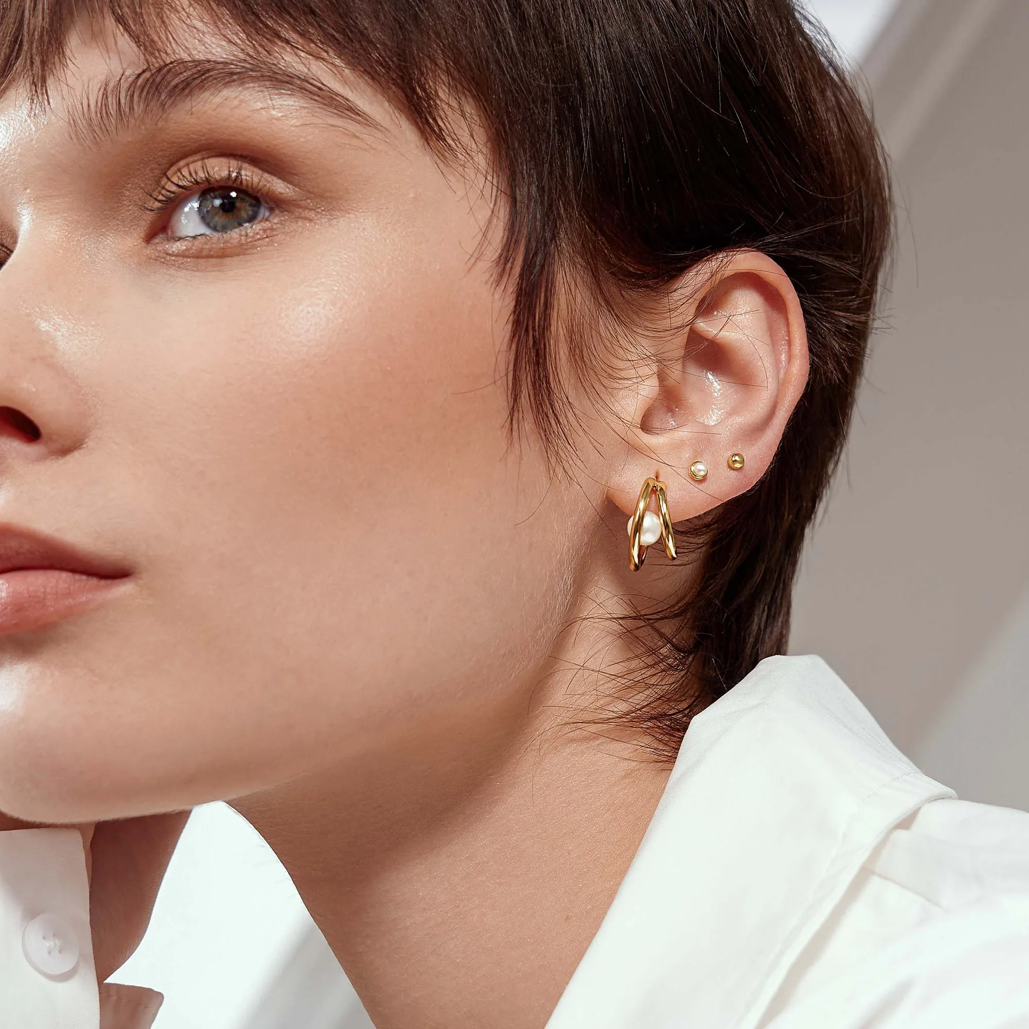 Gold Duo Freshwater Pearl Stud Hoops