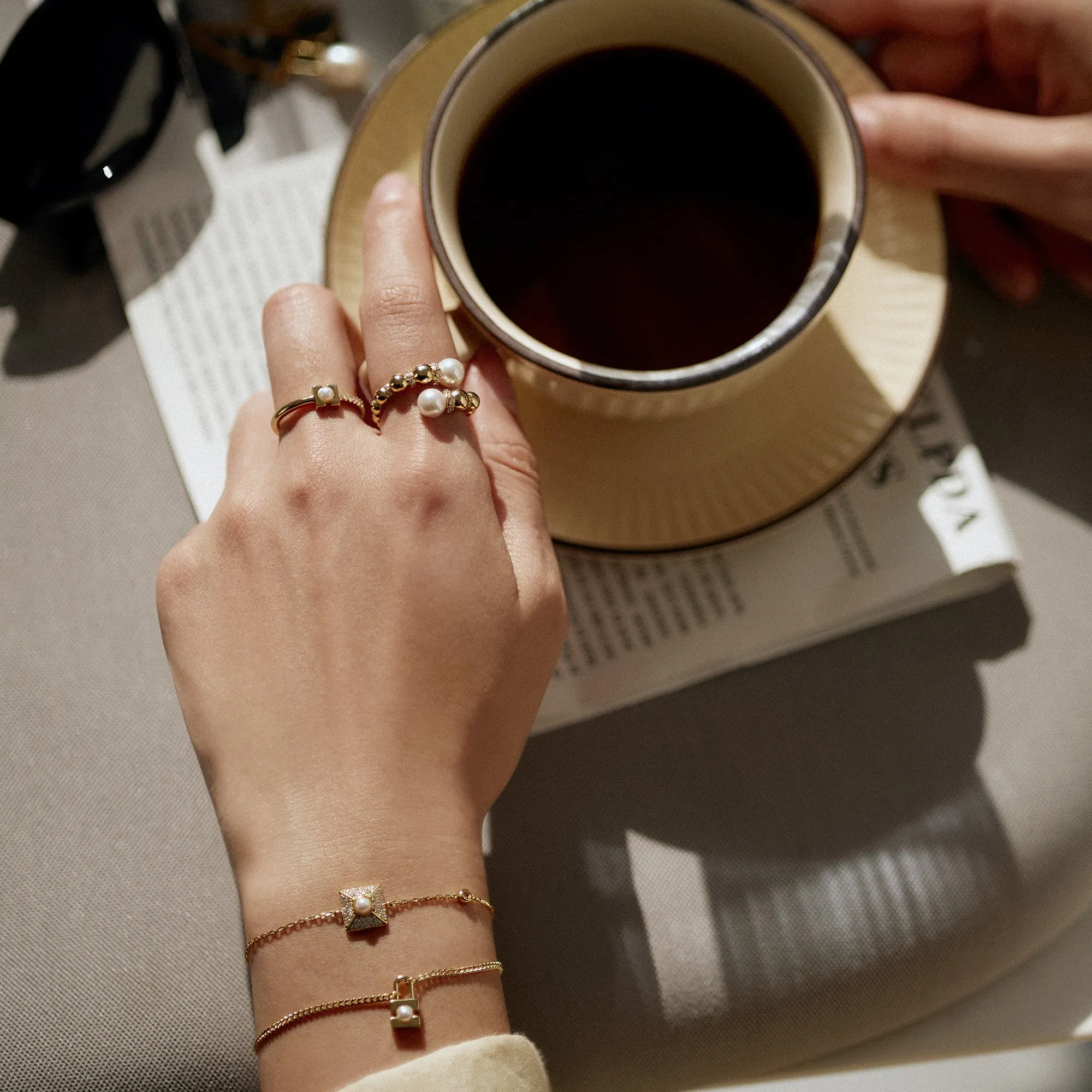 Gold Pearl Modernist Band Ring