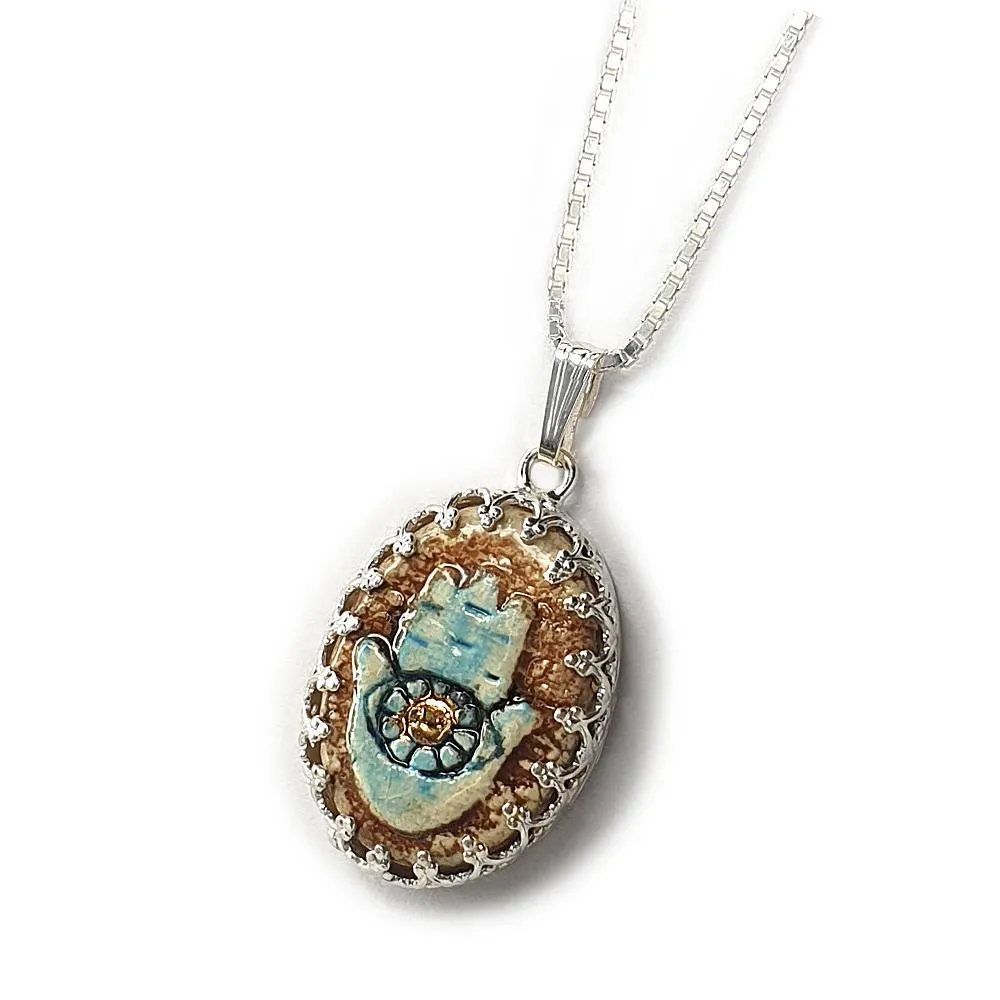 Hamsa Handmade Necklace Ceramic Pendant And Silver Necklace