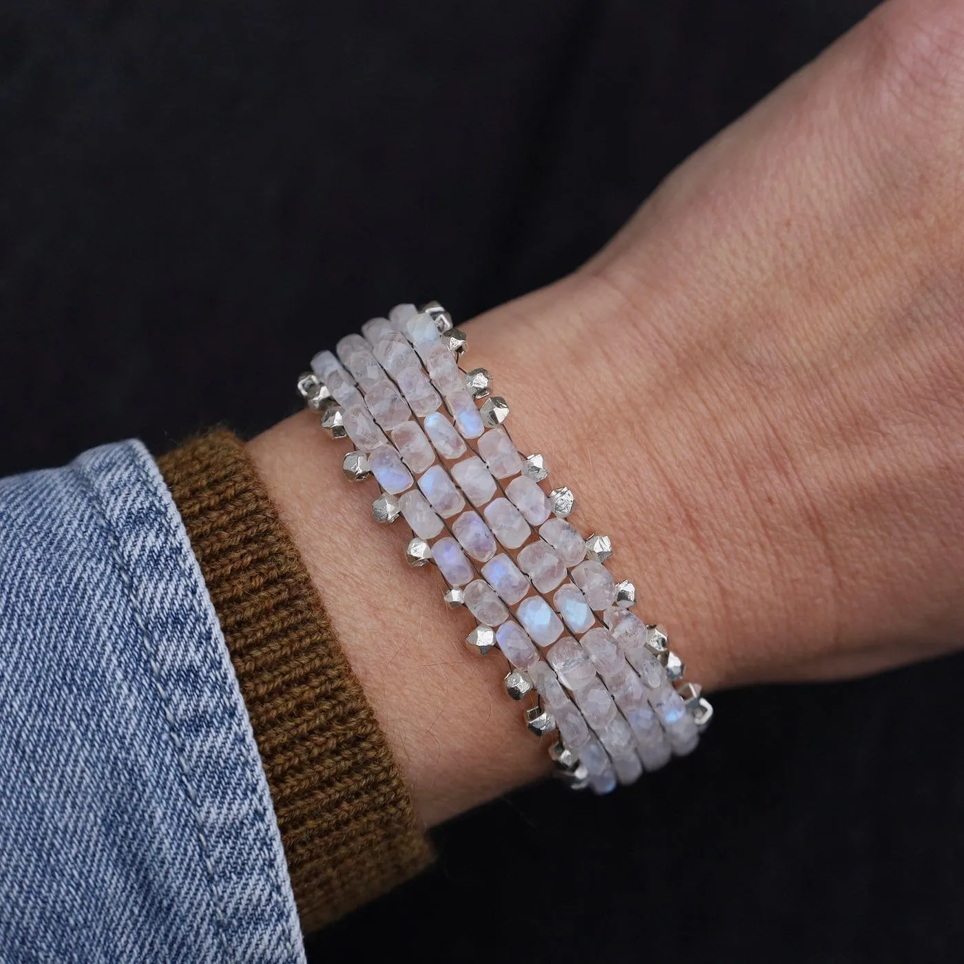 Hand Woven Soft Bracelet of Rainbow Moonstone