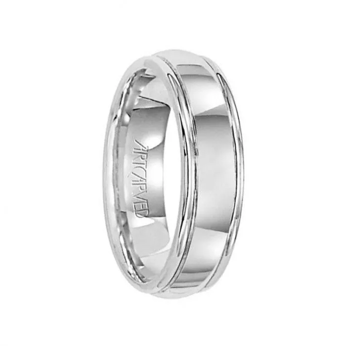 HARRISON 14k White Gold Wedding Band Domed High Polished Center with Rolled Edges by Artcarved - 6 mm