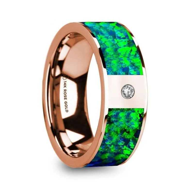 HERAKLEES Men’s Polished 14k Rose Gold & Green/Blue Opal Inlay Wedding Ring with Diamond - 8mm