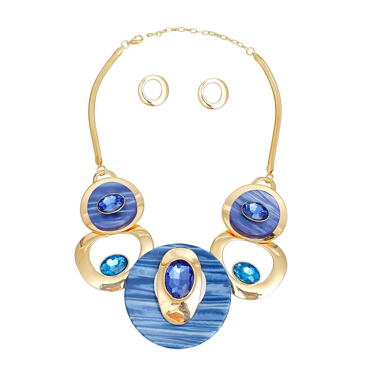 Herringbone Chain Necklace Blue & Gold Circular Bib - Women's Fashion Jewelry