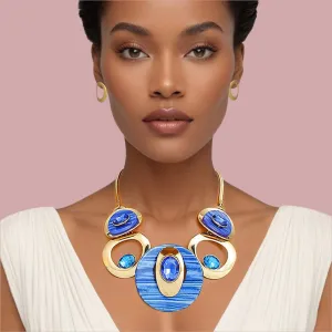 Herringbone Chain Necklace Blue & Gold Circular Bib - Women's Fashion Jewelry