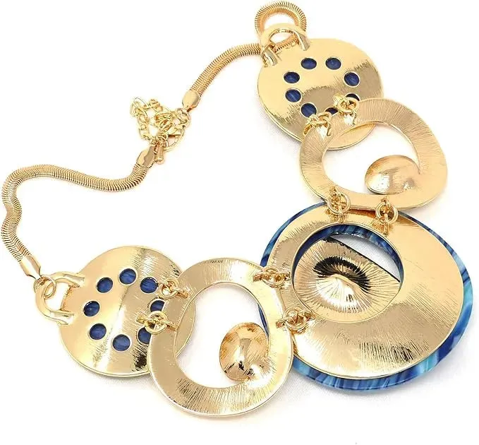 Herringbone Chain Necklace Blue & Gold Circular Bib - Women's Fashion Jewelry