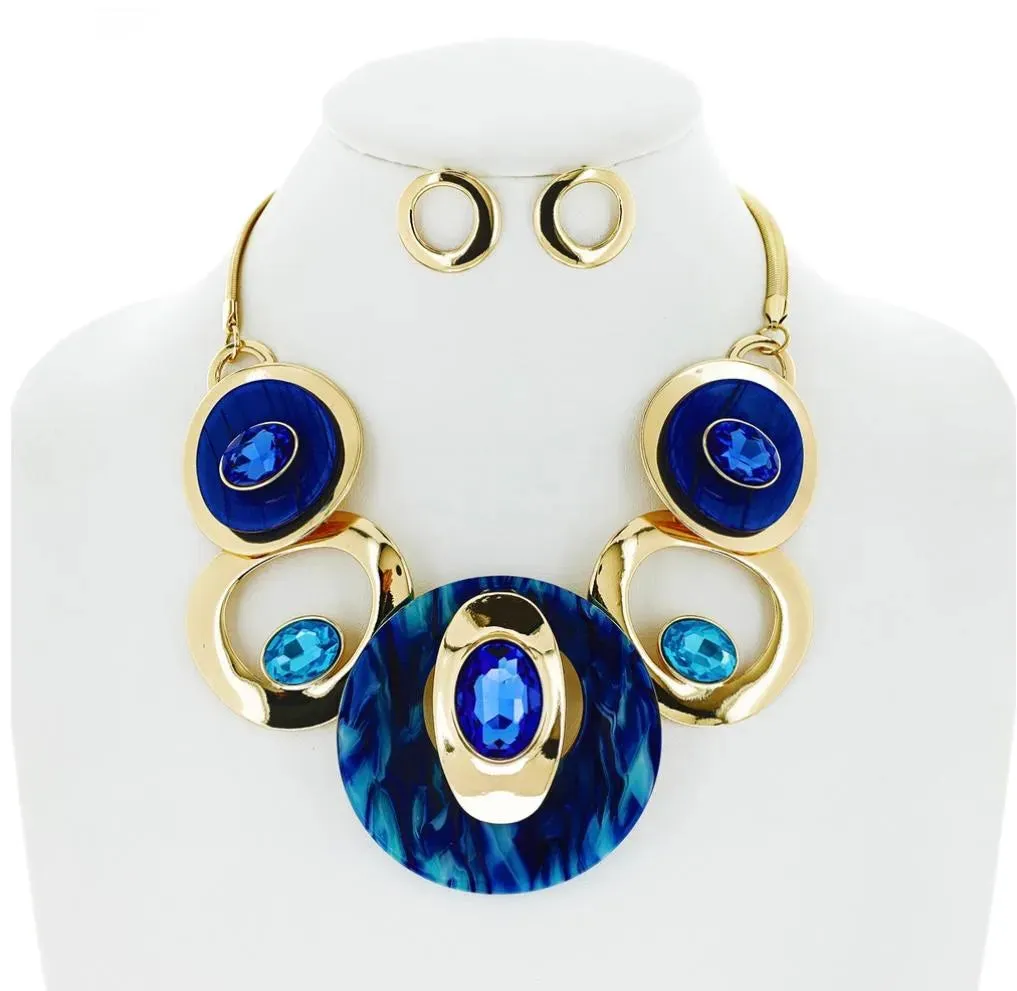 Herringbone Chain Necklace Blue & Gold Circular Bib - Women's Fashion Jewelry