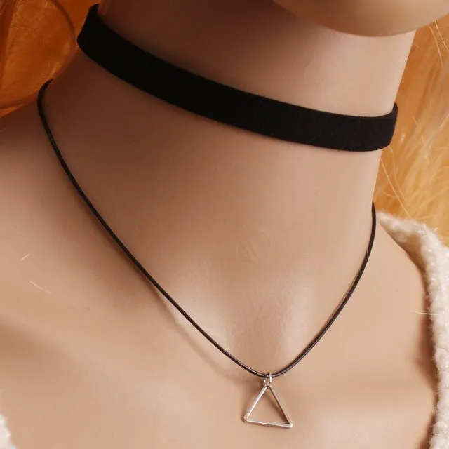 Hot New Multilayer Leather Bijoux Geometric Triangle Pendant Necklace Maxi Statement Chokers Necklace For Women 2016 Jewelry