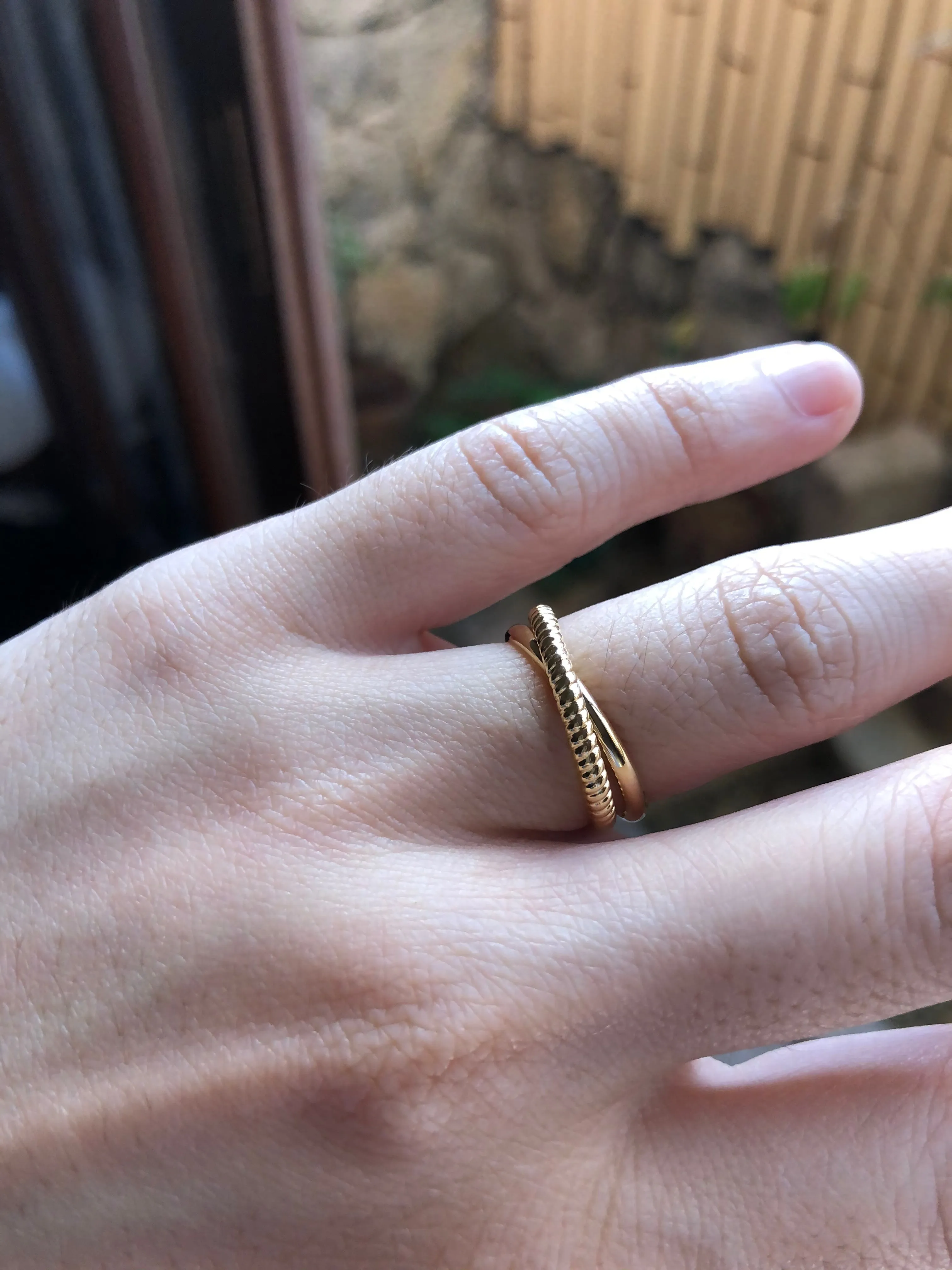 Interlocked Twist and Half Round Band Rings, Solid 14k Gold