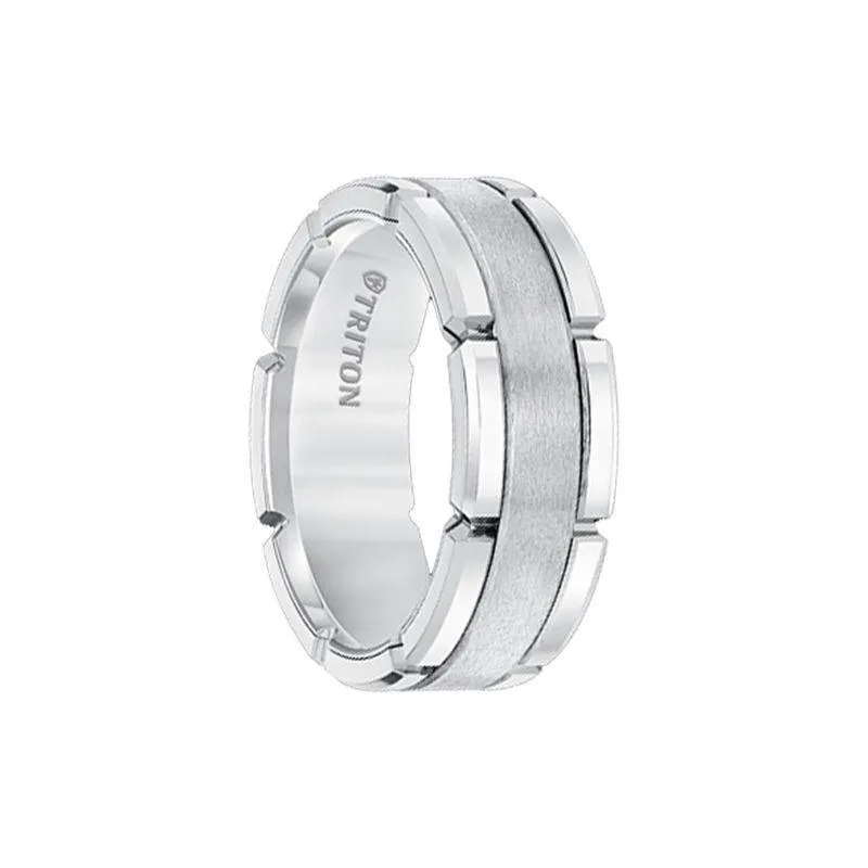 JUSTIN White Tungsten Carbide Flat Comfort Fit Band with Brushed Center & Bright Rims by Triton Rings - 8mm