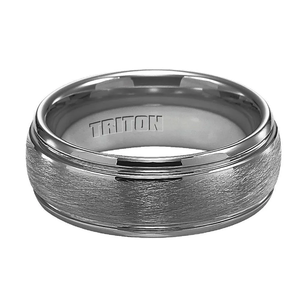 KENDALL Domed White Tungsten Carbide Ring with Wire Brush Finish and Polished Step Edges by Triton Rings - 8mm