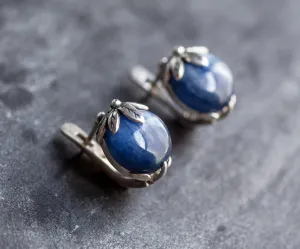 Kyanite Earrings - Real Blue Kyanite Earrings - Round Leaf Earrings