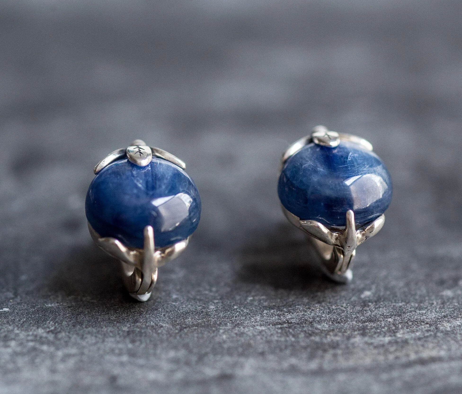 Kyanite Earrings - Real Blue Kyanite Earrings - Round Leaf Earrings