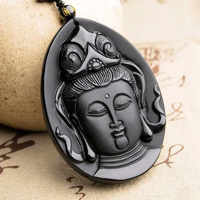 KYSZDL Bead Curtain Natural Obsidian Scrub Pendant Black Guanyin Head Pendants Transhipped Buddha Head