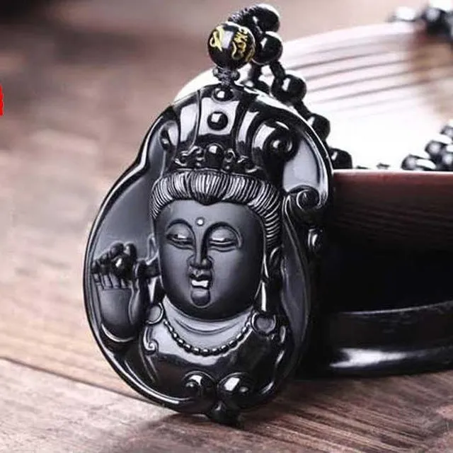 KYSZDL Bead Curtain Natural Obsidian Scrub Pendant Black Guanyin Head Pendants Transhipped Buddha Head