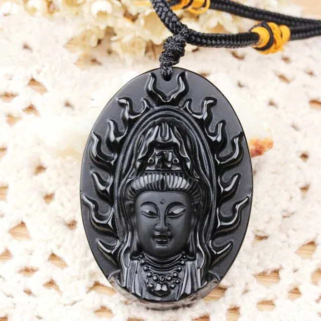 KYSZDL Bead Curtain Natural Obsidian Scrub Pendant Black Guanyin Head Pendants Transhipped Buddha Head