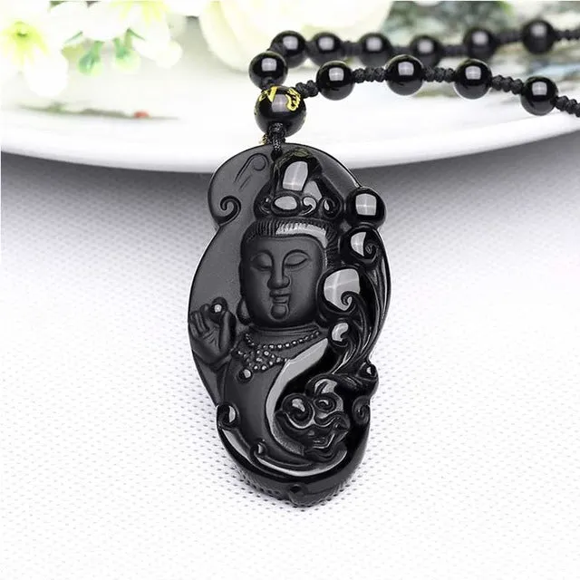 KYSZDL Bead Curtain Natural Obsidian Scrub Pendant Black Guanyin Head Pendants Transhipped Buddha Head