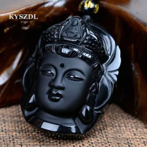 KYSZDL Bead Curtain Natural Obsidian Scrub Pendant Black Guanyin Head Pendants Transhipped Buddha Head