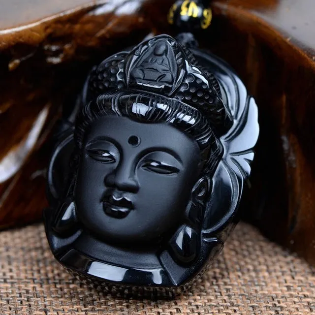 KYSZDL Bead Curtain Natural Obsidian Scrub Pendant Black Guanyin Head Pendants Transhipped Buddha Head