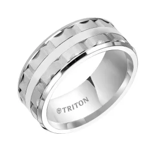 LOWELL Beveled Edge White Tungsten Carbide Wedding Band with Split Matrix Pattern and Polished Center Stripe by Triton Rings - 9mm