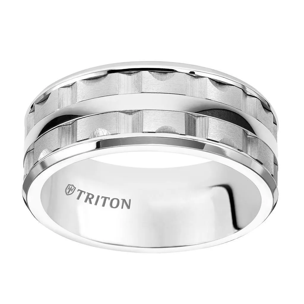 LOWELL Beveled Edge White Tungsten Carbide Wedding Band with Split Matrix Pattern and Polished Center Stripe by Triton Rings - 9mm