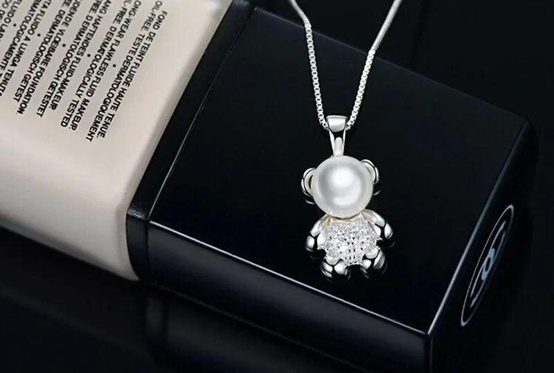 Lucky bear pendant necklace genuine 8-9mm freshwater pearl jewelry for women 2016 new fashion with gift box top quality