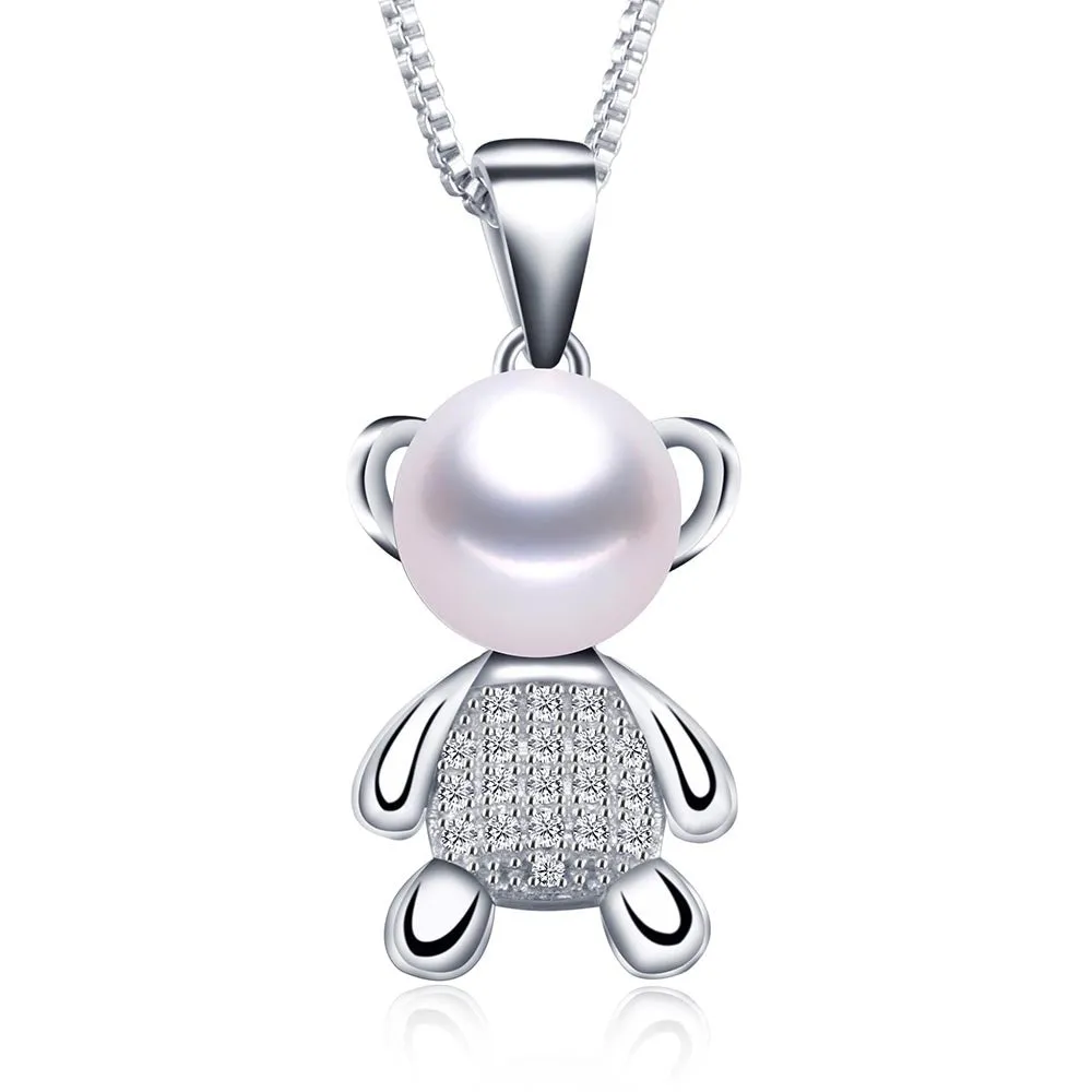 Lucky bear pendant necklace genuine 8-9mm freshwater pearl jewelry for women 2016 new fashion with gift box top quality