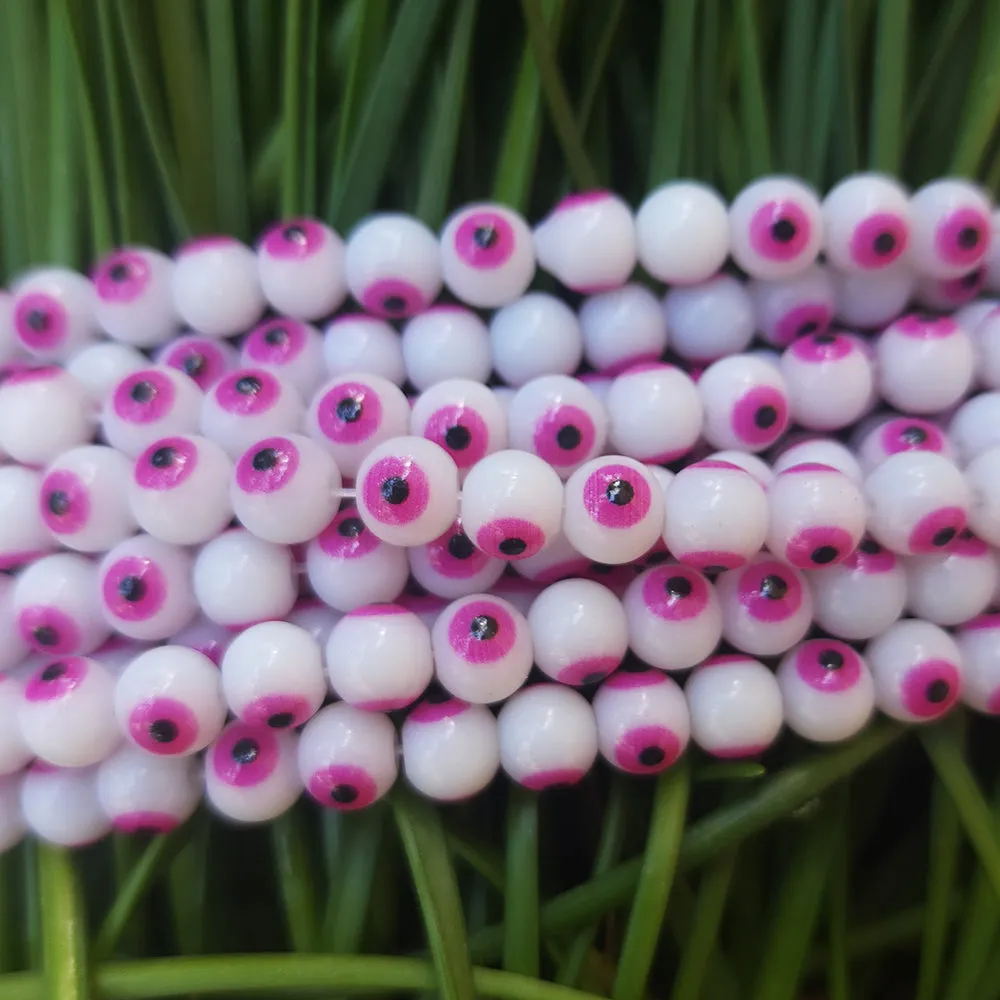 MILKY WHITE WITH PINK EYE' 8 MM ROUND ' SUPER FINE QUALITY EVIL EYE GLASS CRYSTAL BEADS SOLD BY PER LIN PACK' APPROX PIECES 47-48 BEADS