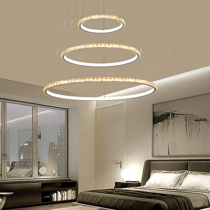 Modern Crystal Gold/Silver LED Chandelier Ceiling Light Fixture with 3 Rings - Warm/White Dual Lighting