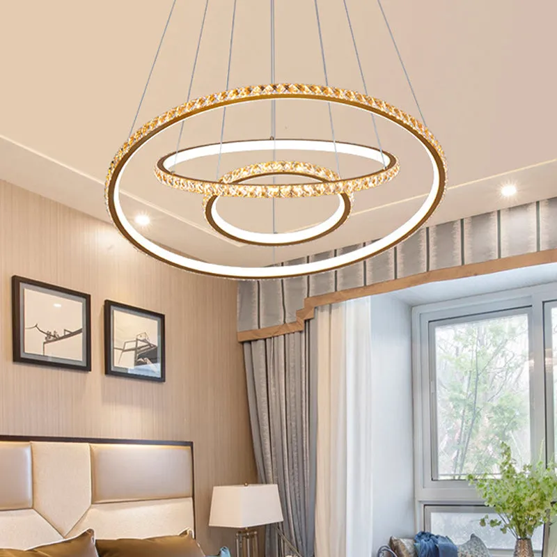 Modern Crystal Gold/Silver LED Chandelier Ceiling Light Fixture with 3 Rings - Warm/White Dual Lighting