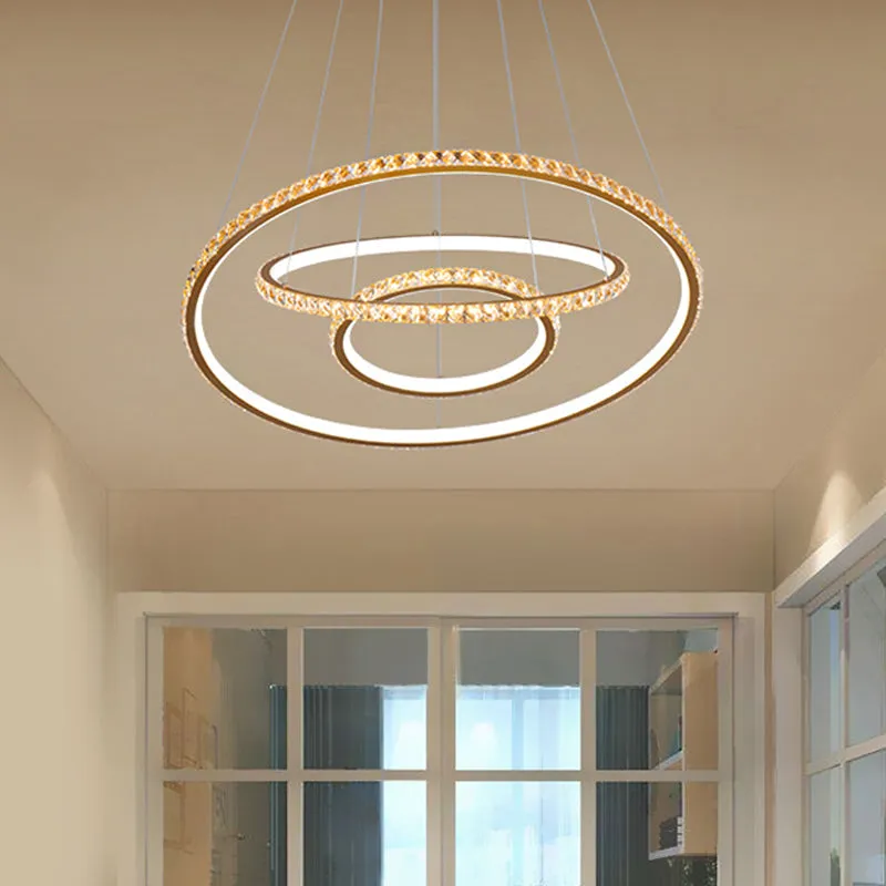 Modern Crystal Gold/Silver LED Chandelier Ceiling Light Fixture with 3 Rings - Warm/White Dual Lighting