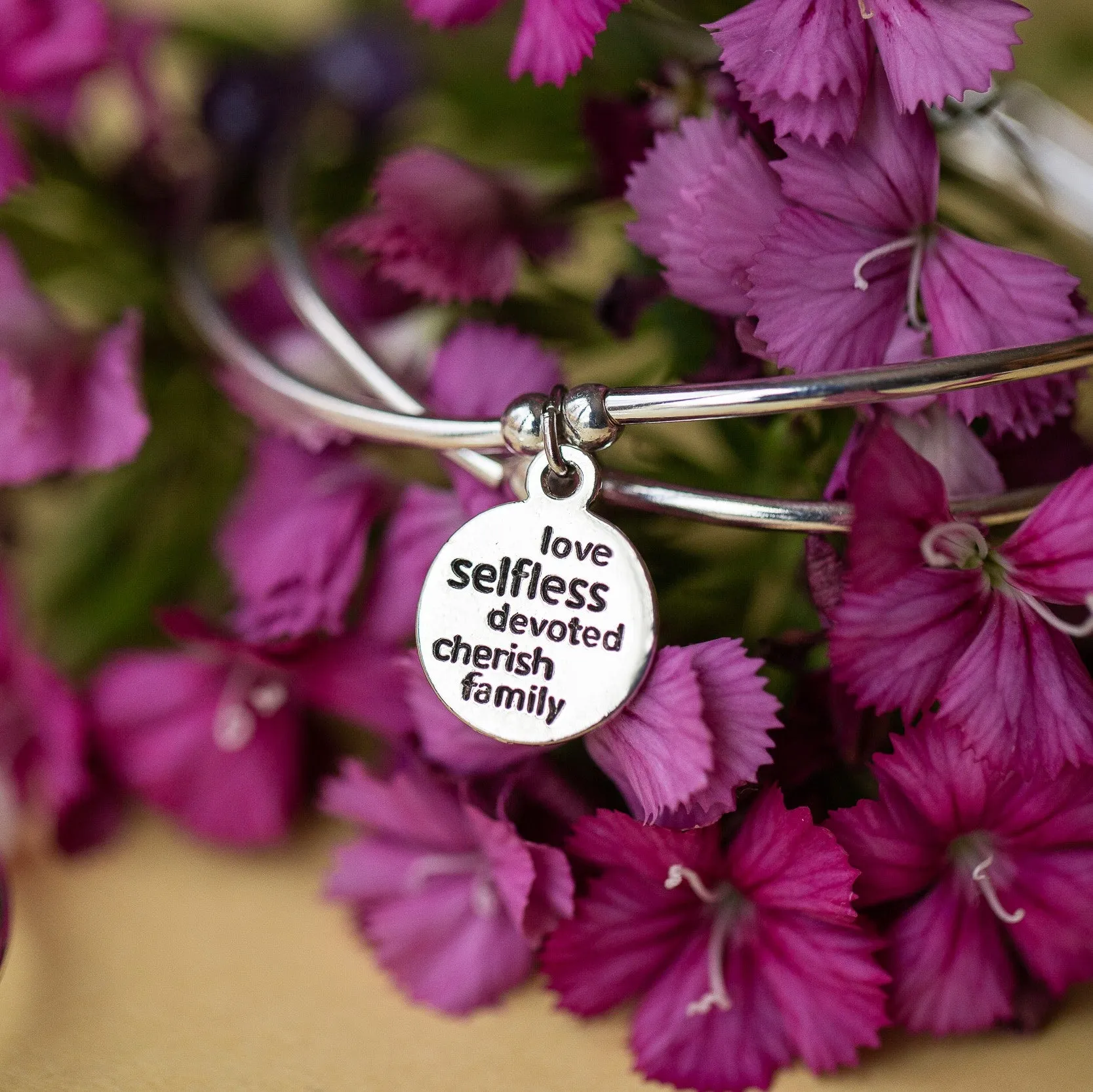 Mom | Soft Bangle Charm Bracelet | Rose Quartz