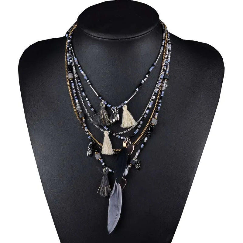 Multi-Color Feather Necklaces & Pendants Beads Chain Statement Necklace Women Collares Ethnic Jewelry for Personalised Gifts