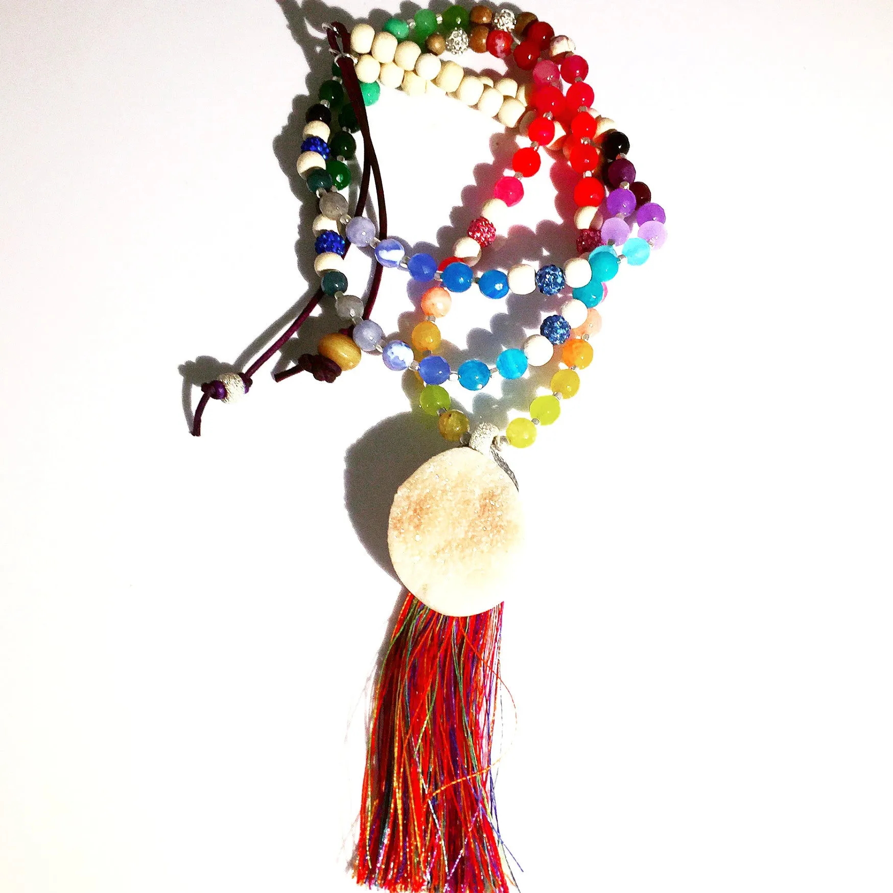 Multicolor White Drusy Tassel Beaded Necklace