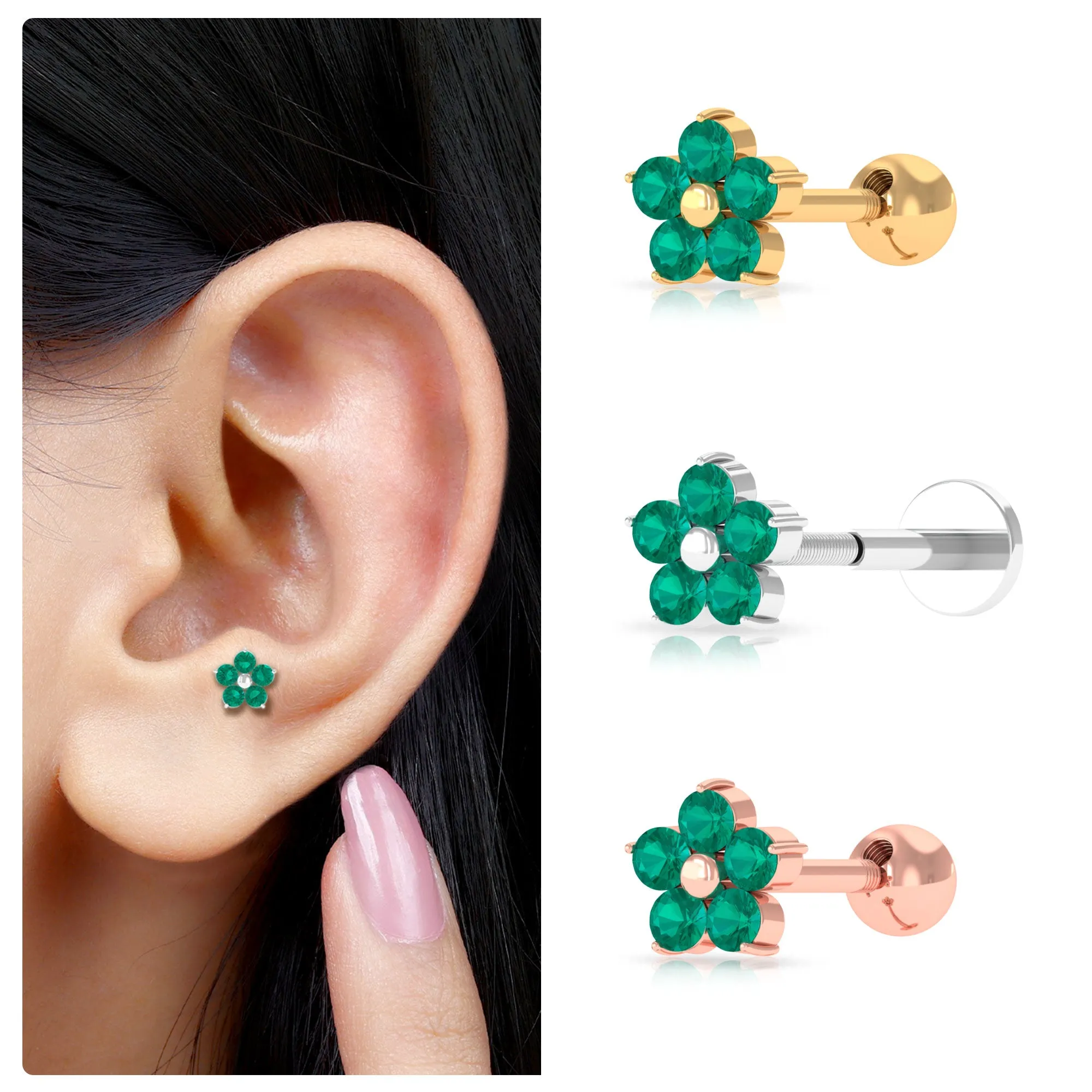 Natural Green Emerald Gold Flower Conch Earring