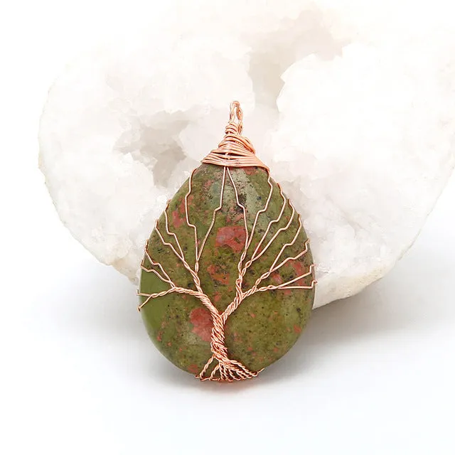 Natural purple Quartz Opal Stone Pendants Handmade Rose Gold Color Tree of Life Wrapped Drop Shaped crystal pendant necklace