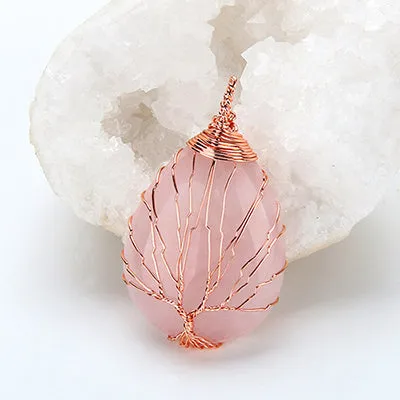 Natural purple Quartz Opal Stone Pendants Handmade Rose Gold Color Tree of Life Wrapped Drop Shaped crystal pendant necklace