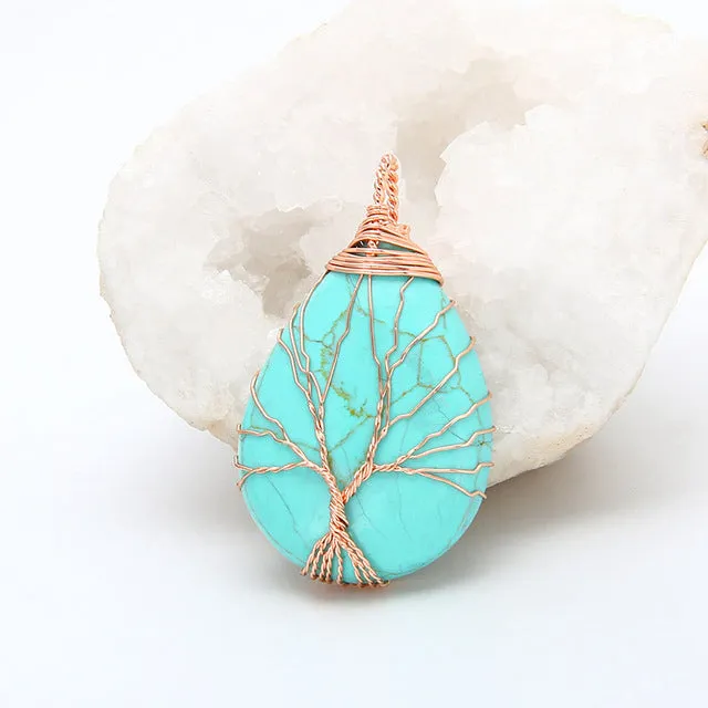 Natural purple Quartz Opal Stone Pendants Handmade Rose Gold Color Tree of Life Wrapped Drop Shaped crystal pendant necklace