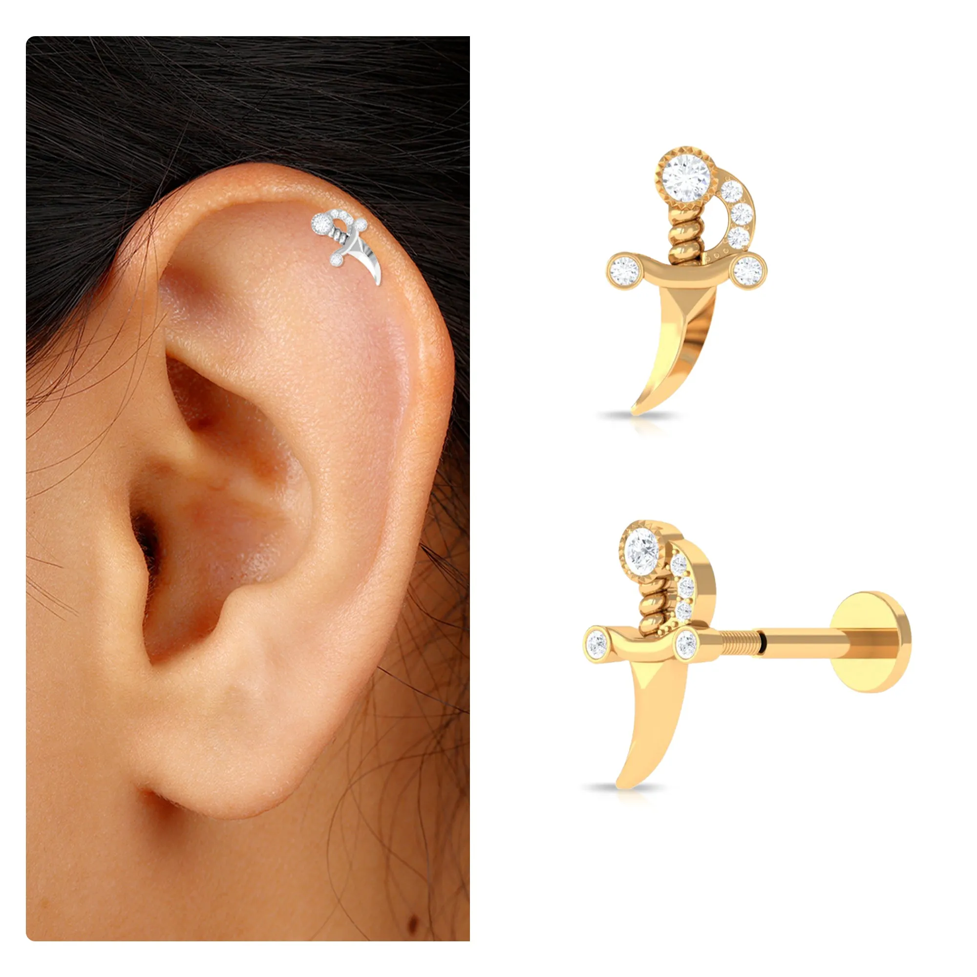 Natural Round Diamond Dagger Helix Earring