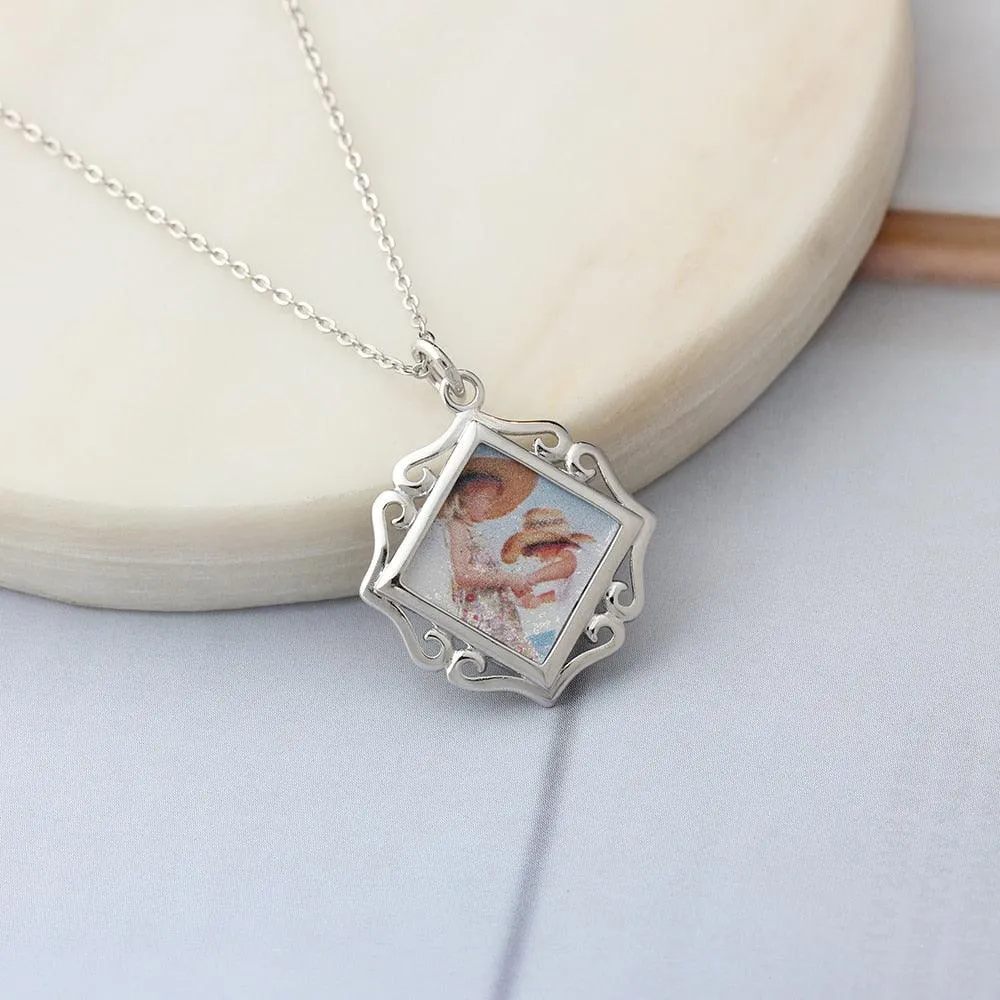 Openwork Pattern Border Personalized Custom Color Photo Necklace 925 Sterling Silver Anniversary Jewelry