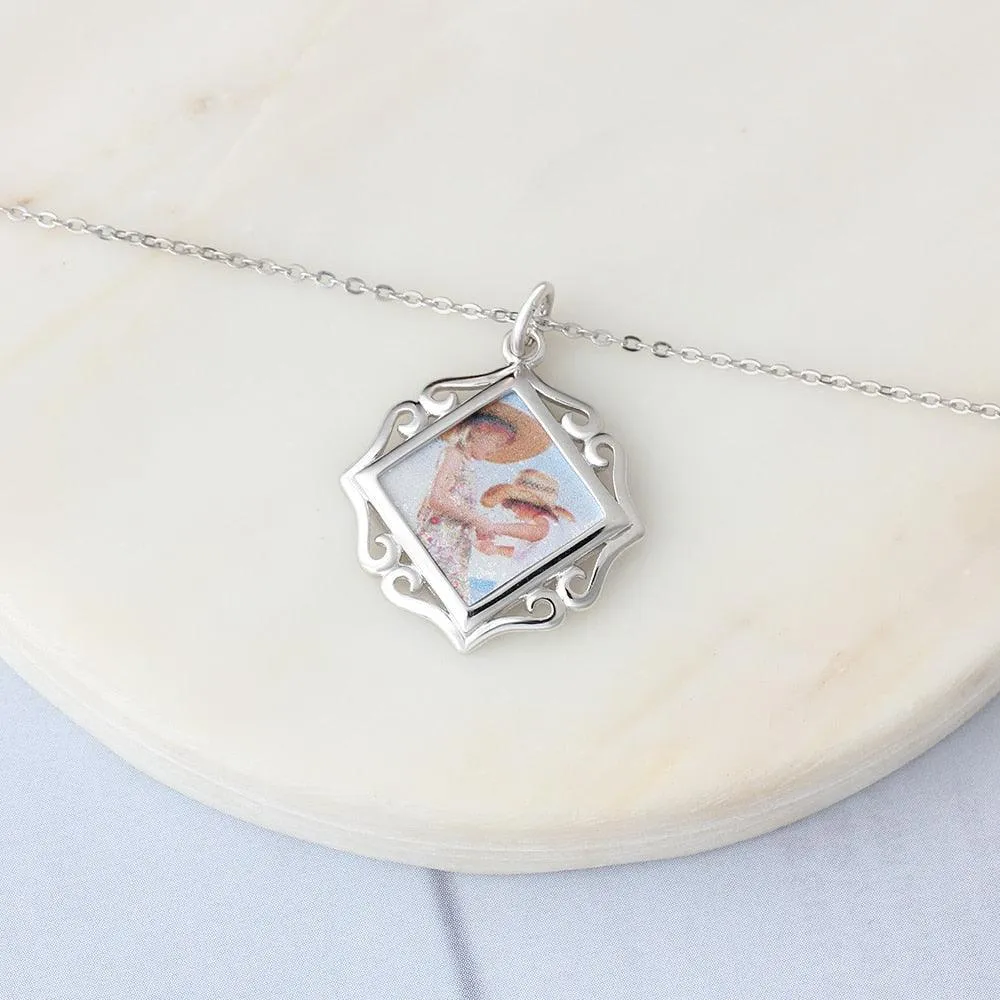 Openwork Pattern Border Personalized Custom Color Photo Necklace 925 Sterling Silver Anniversary Jewelry