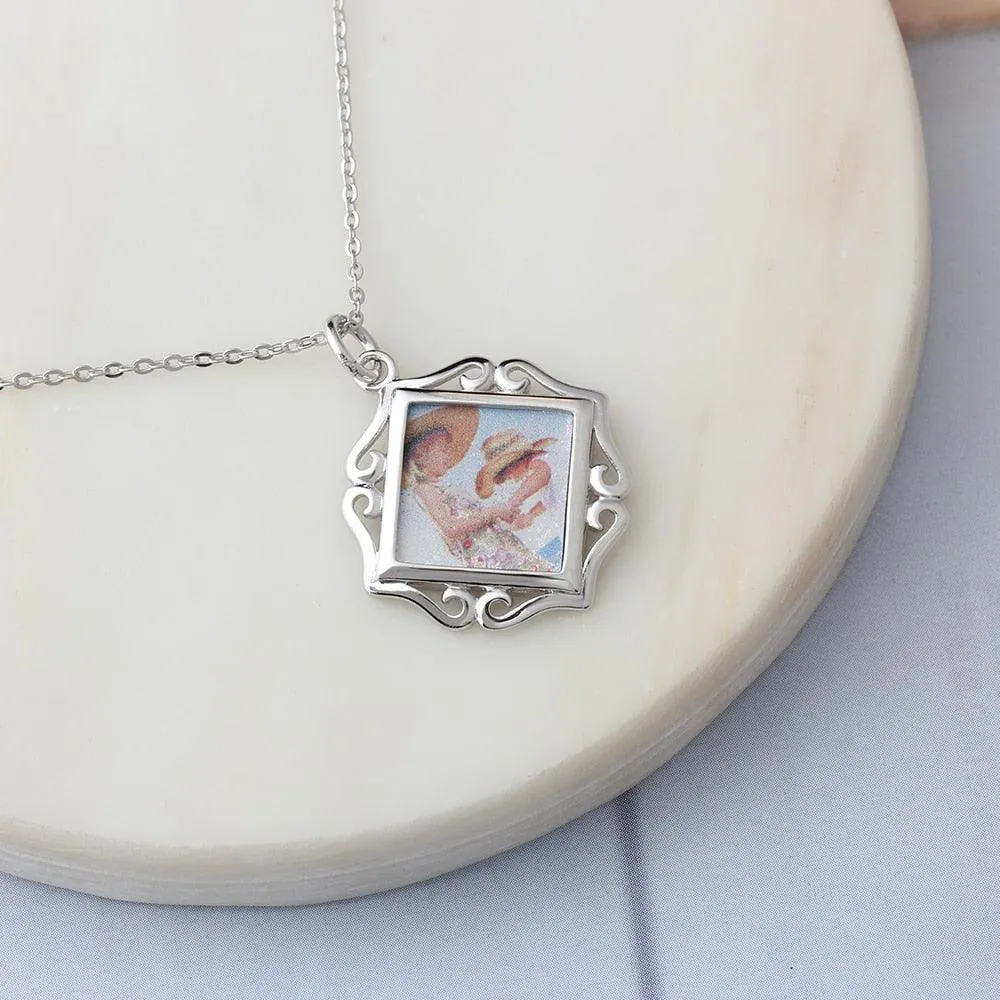 Openwork Pattern Border Personalized Custom Color Photo Necklace 925 Sterling Silver Anniversary Jewelry