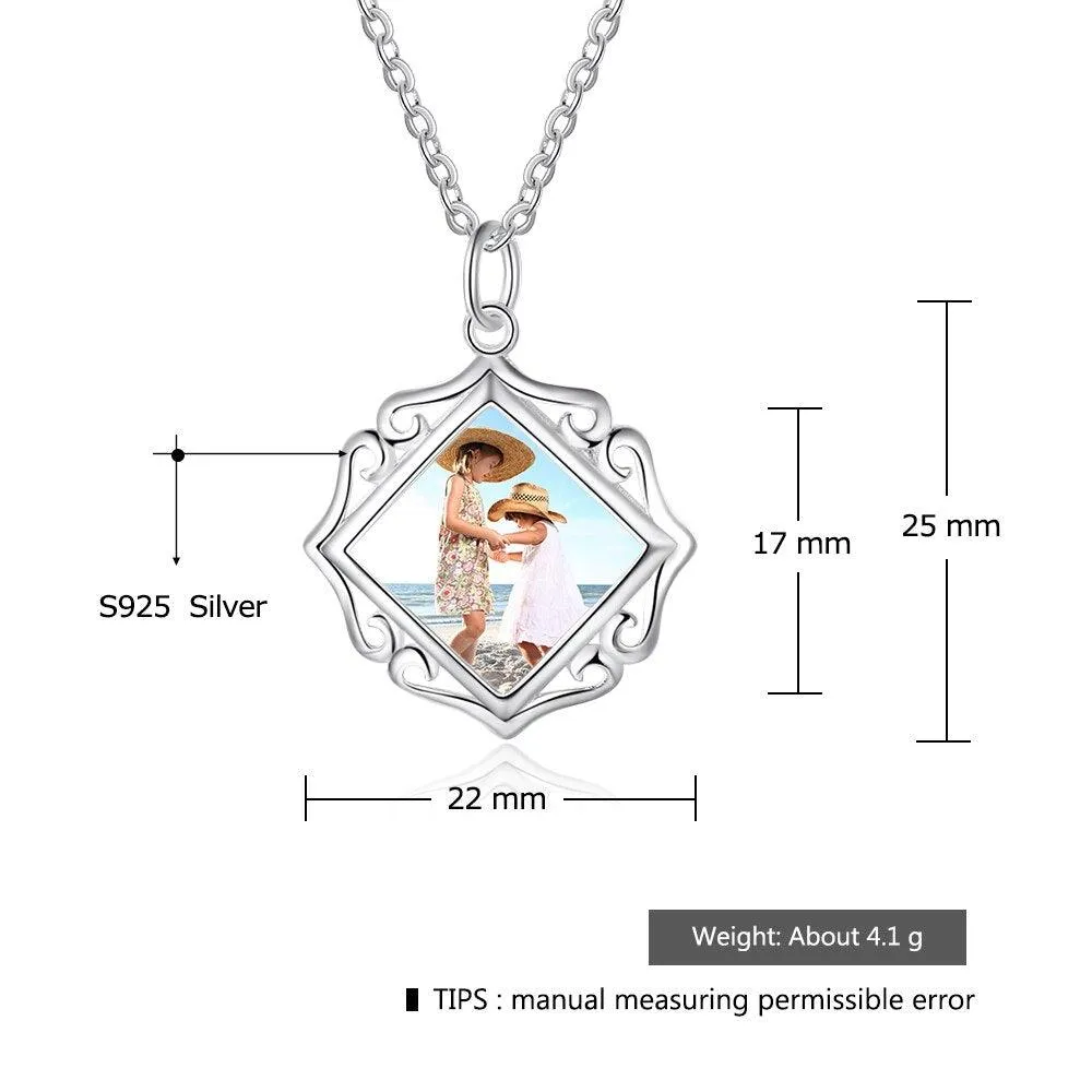 Openwork Pattern Border Personalized Custom Color Photo Necklace 925 Sterling Silver Anniversary Jewelry