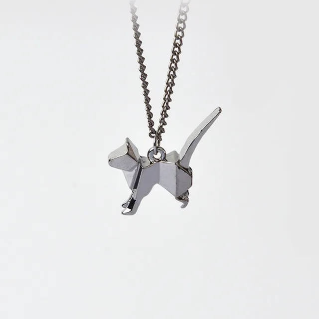 Origami Cat Kitty Pendant Necklace Suspend Creative Minimalist Animal Childlike Rose Gold Silver Black Pensonality Jewelry