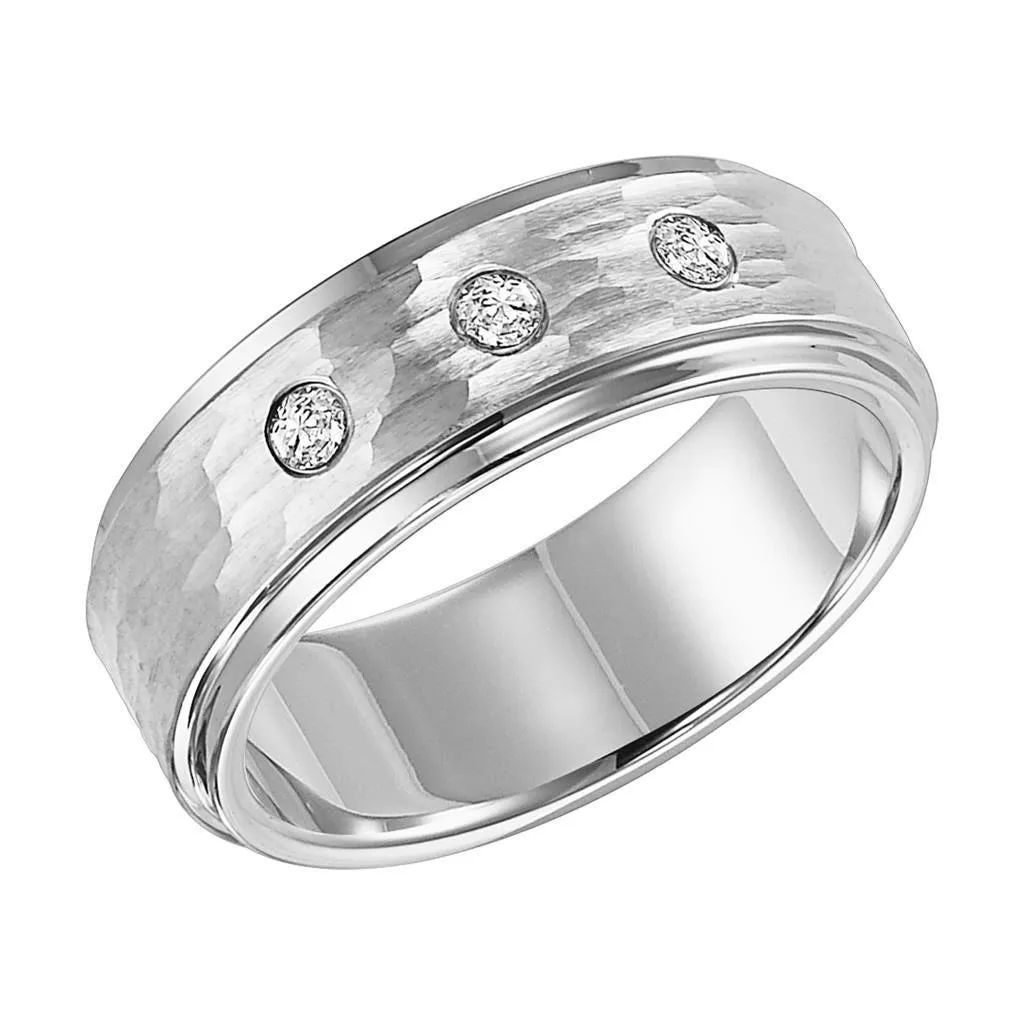 OWEN Hammer Finished Center Cobalt Comfort Fit Wedding Band with Polished Step Edges and Triple Diamond Setting by Triton Rings - 8 mm