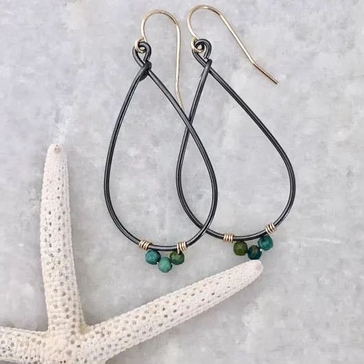 Oxidized Serling Silver  & Gold Fill Teardrop Hoops with Turquoise