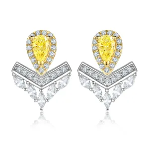 Pear Drop Yellow Zircon V-shape Silver Studs Earrings for Women